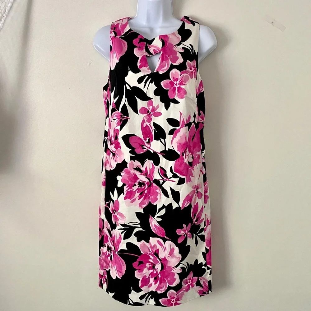Nine West Black & Pink Floral Sleeveless Summer Shift Cocktail Dress w Pockets - Picture 3 of 12